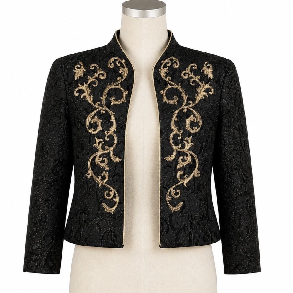 Night Lights Evening Jacket Womens 6 Black Gold‎ Brocade Scroll Embroidered NWT